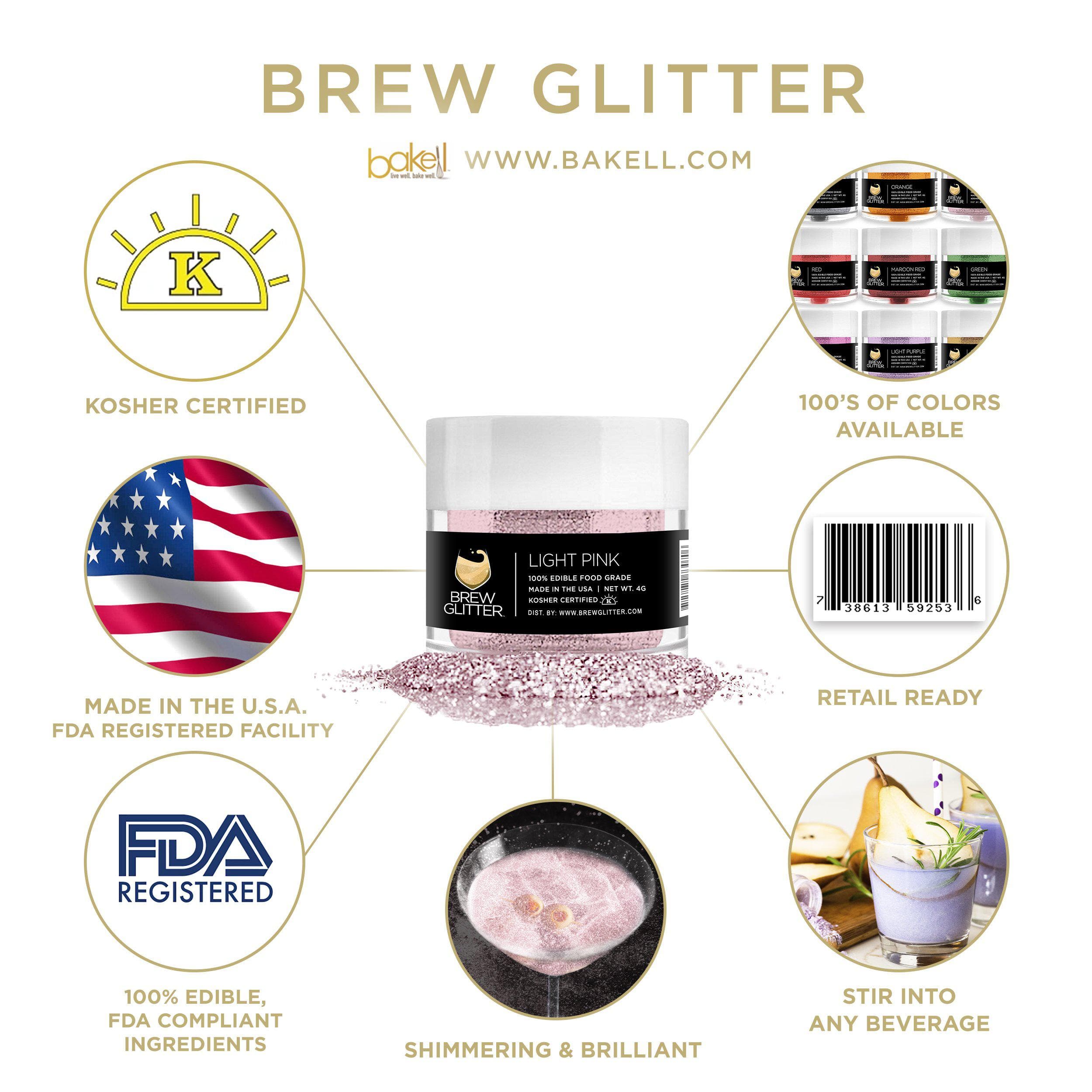 Light pink Brew Glitter jar with product details, USA flag, Kosher, FDA logos, and shimmering drink examples.