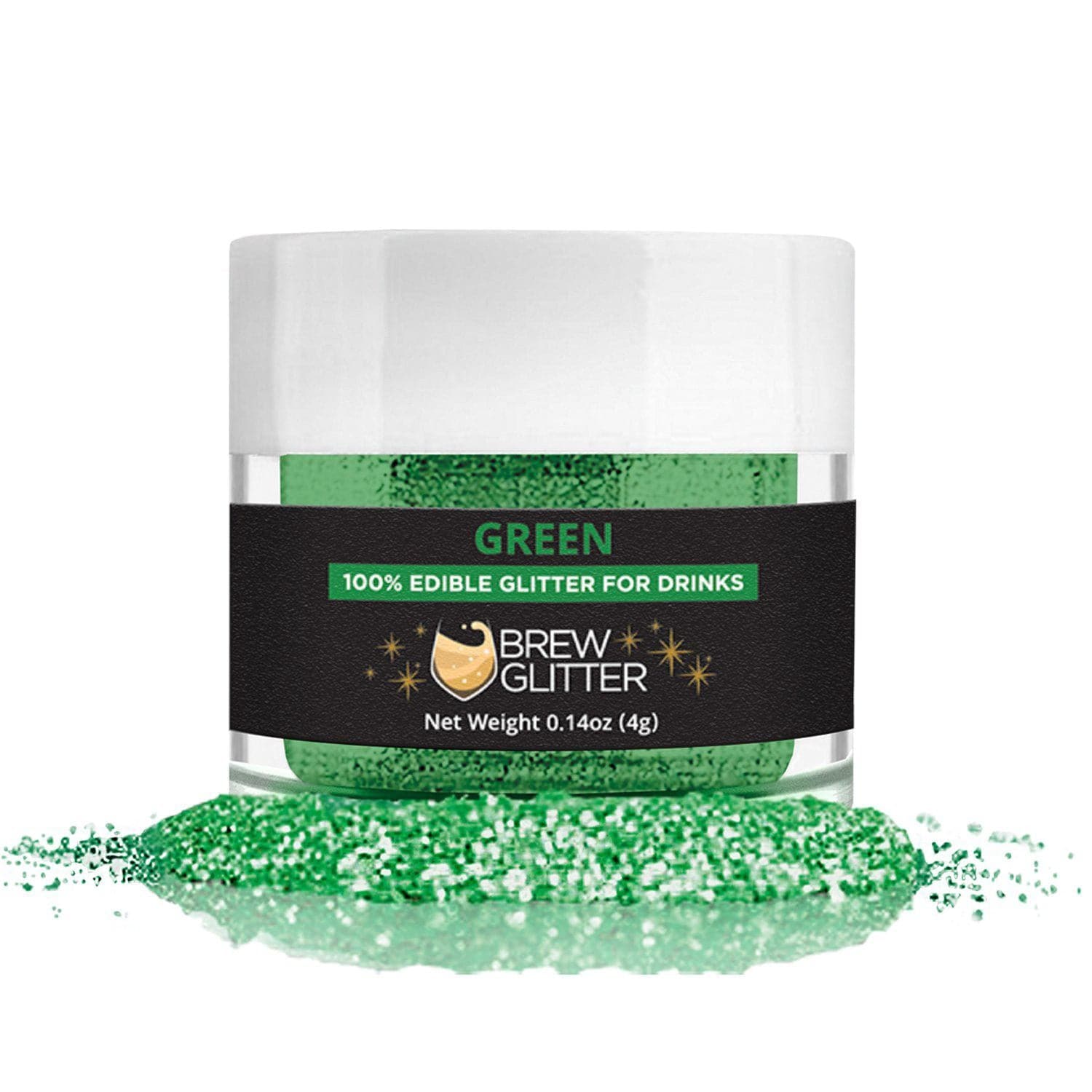 Green Brew Glitter jar, 100% edible drink glitter, 0.14oz (4g), with spilled green glitter.