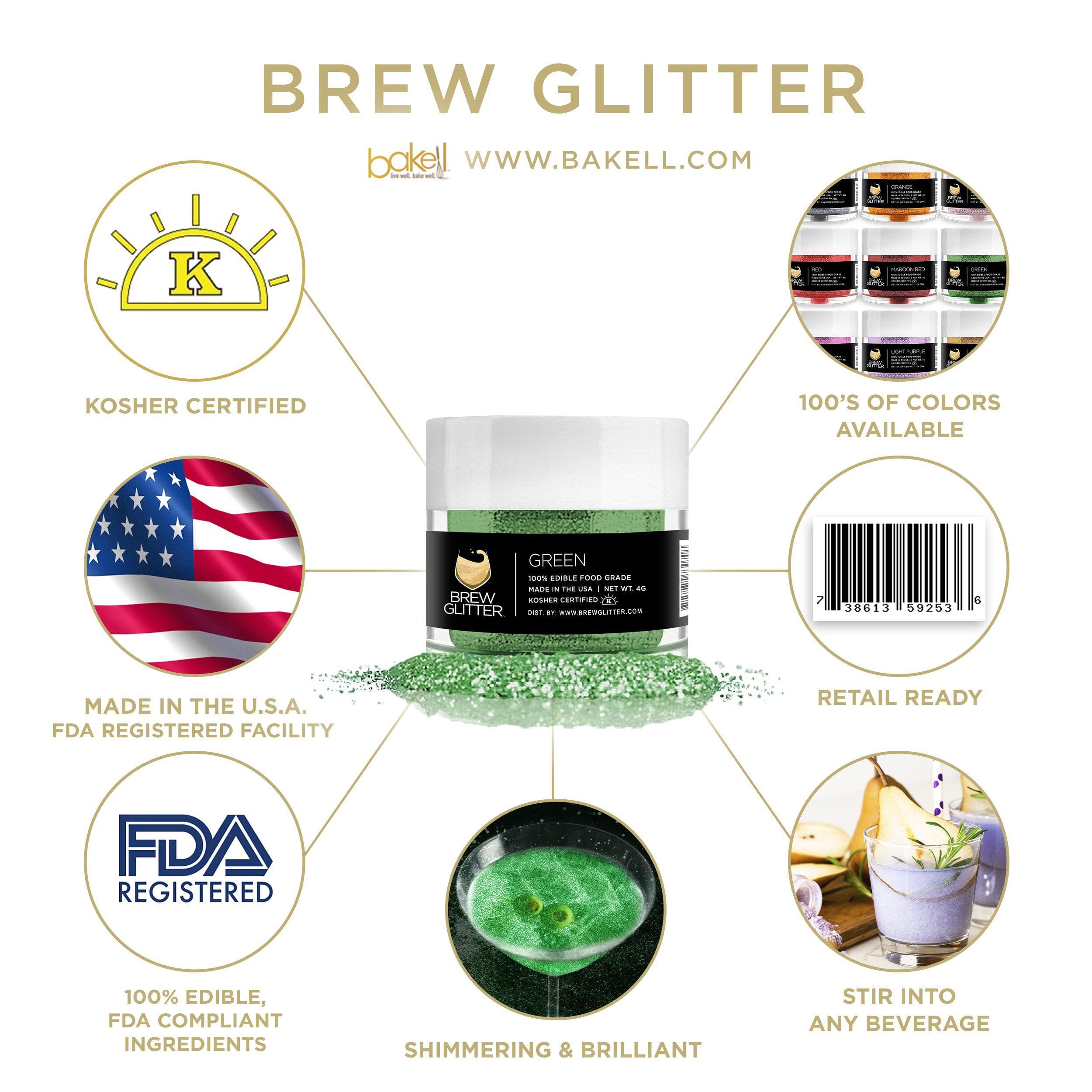 Green Brew Glitter jar with product details, certifications, and beverage examples.