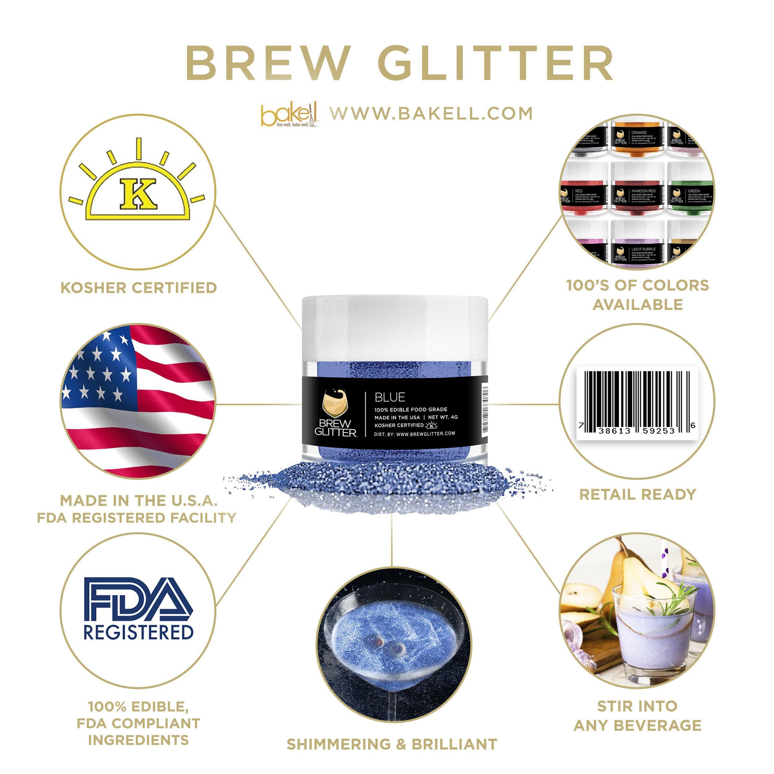 Brew Glitter blue edible food glitter jar with product details, certifications, and shimmering beverage examples.