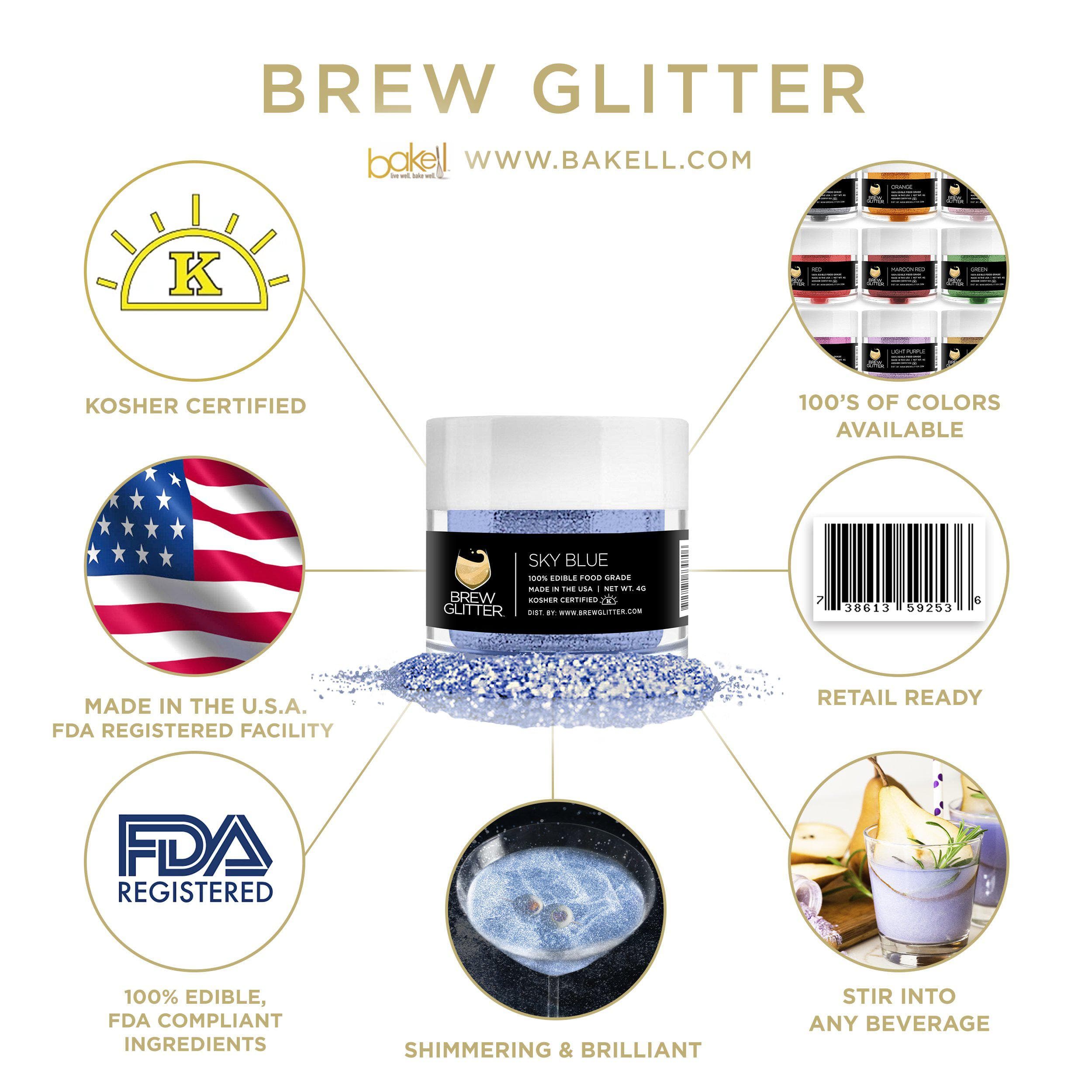 Sky Blue Brew Glitter jar with scattered glitter, highlighting Kosher, FDA, USA-made, and beverage use.