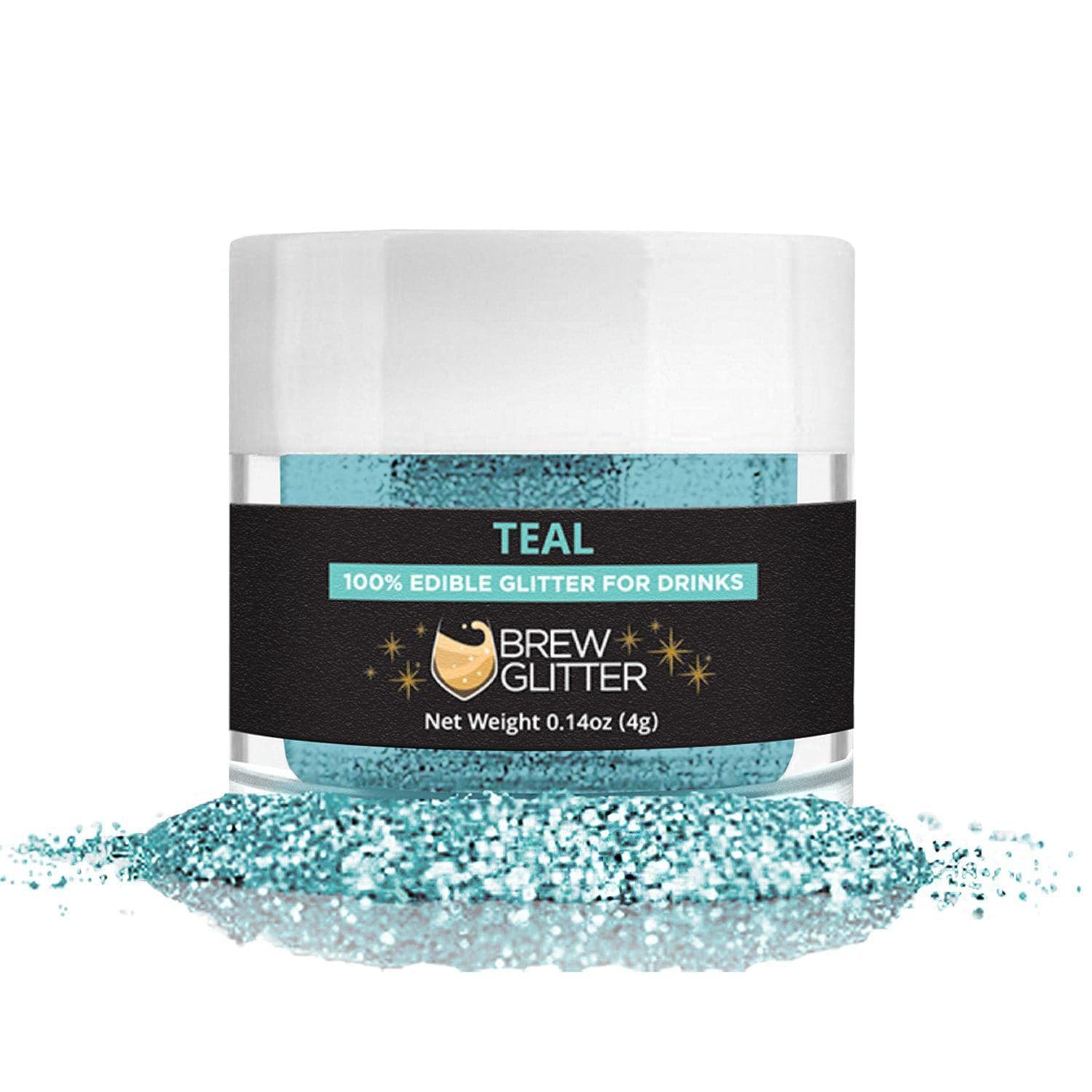 Teal Brew Glitter, a 4g jar of 100% edible drink glitter, with a pile of shimmering teal powder.