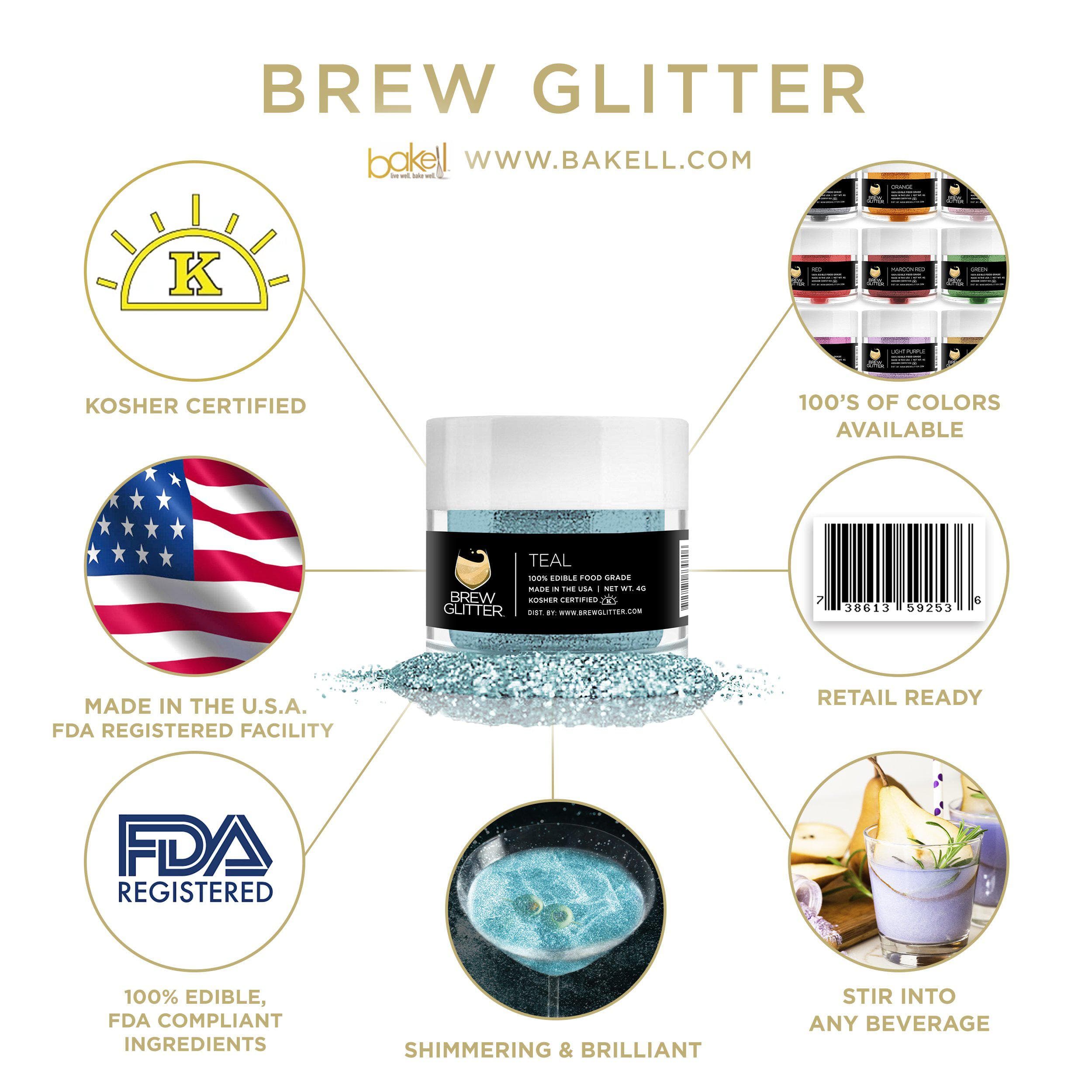 Teal Brew Glitter jar with product features: Kosher, FDA compliant, Made in USA, and shimmering drinks.