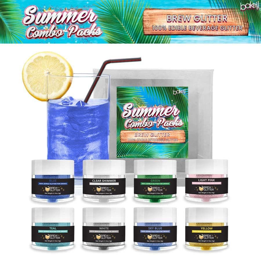 Summer Edible Glitter Brew Glitter Combo Pack with 8 colorful jars and a shimmering blue drink.