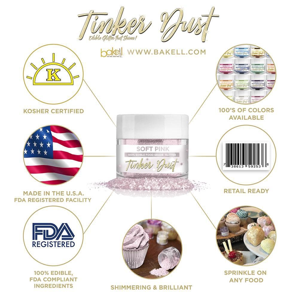 Soft Pink Tinker Dust edible glitter jar surrounded by icons for Kosher, FDA, USA-made, and food applications.