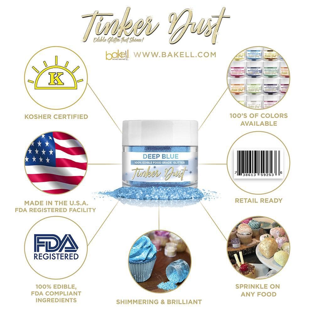 Deep Blue Tinker Dust edible glitter jar with sprinkles, highlighting its shimmer, FDA, Kosher, and USA certifications.