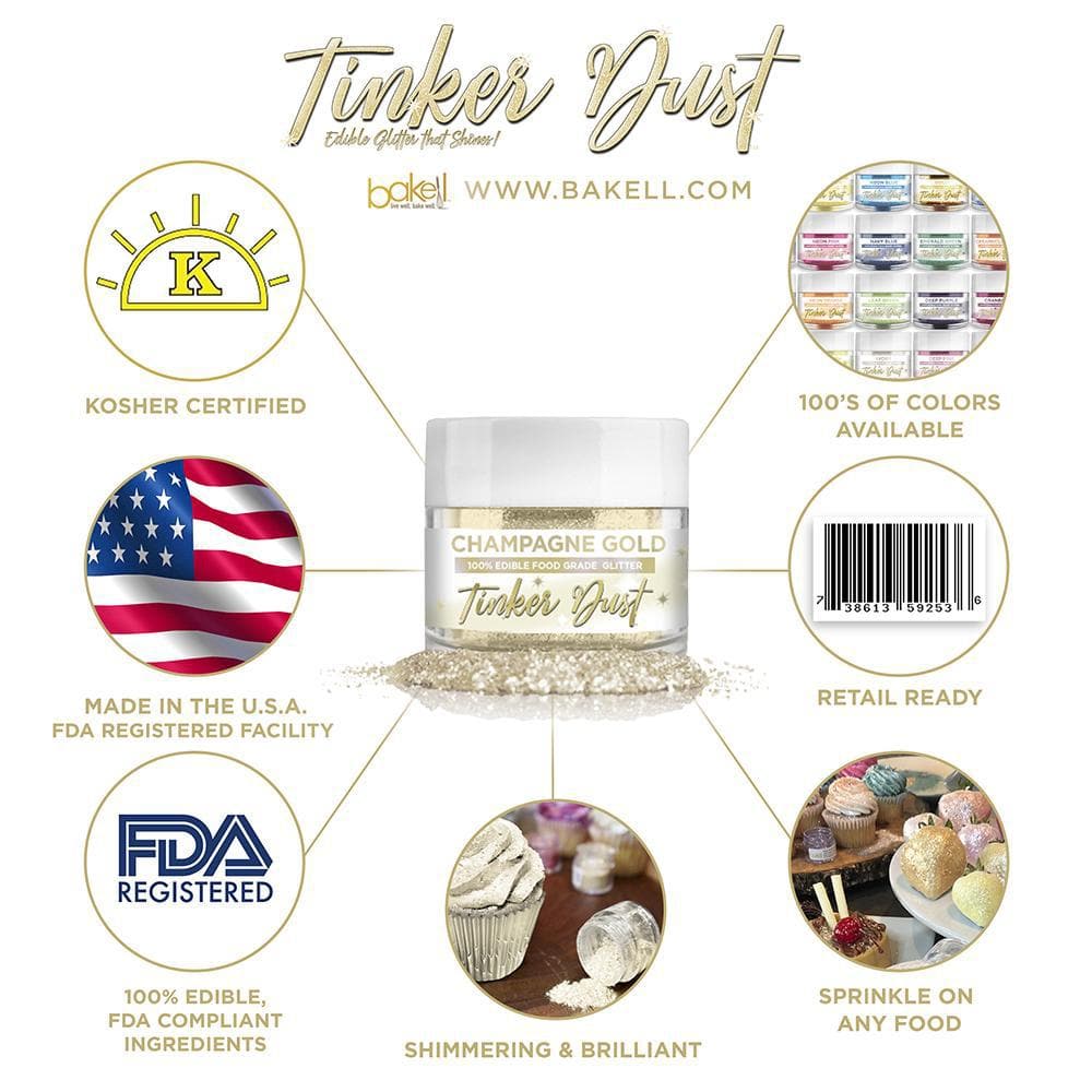 Champagne Gold Tinker Dust edible glitter jar surrounded by icons highlighting its features and uses.