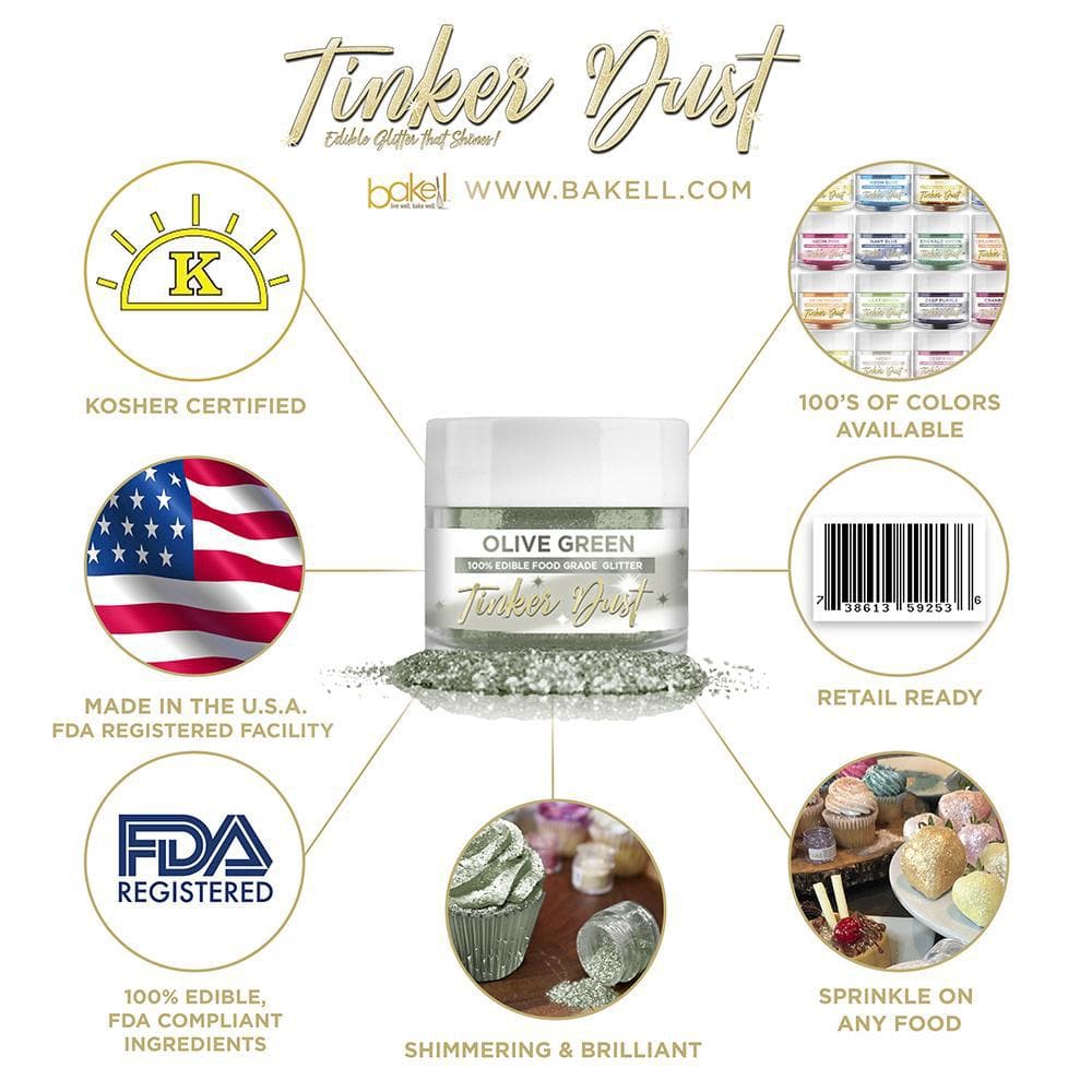 Olive Green Tinker Dust edible glitter jar with certifications and food application examples.