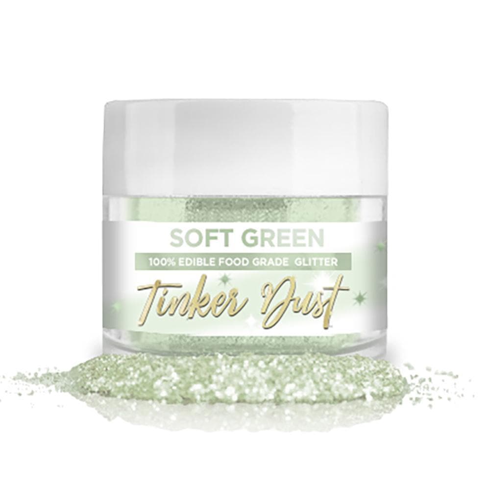 Soft Green Tinker Dust edible glitter jar with a pile of shimmering green dust.