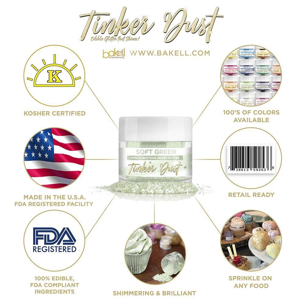 Soft Green Tinker Dust edible glitter jar surrounded by icons highlighting its features and uses.