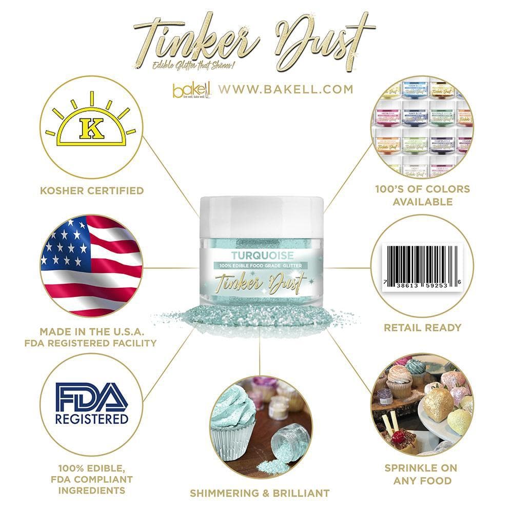 Turquoise Tinker Dust edible glitter jar with product features, certifications, and food applications.