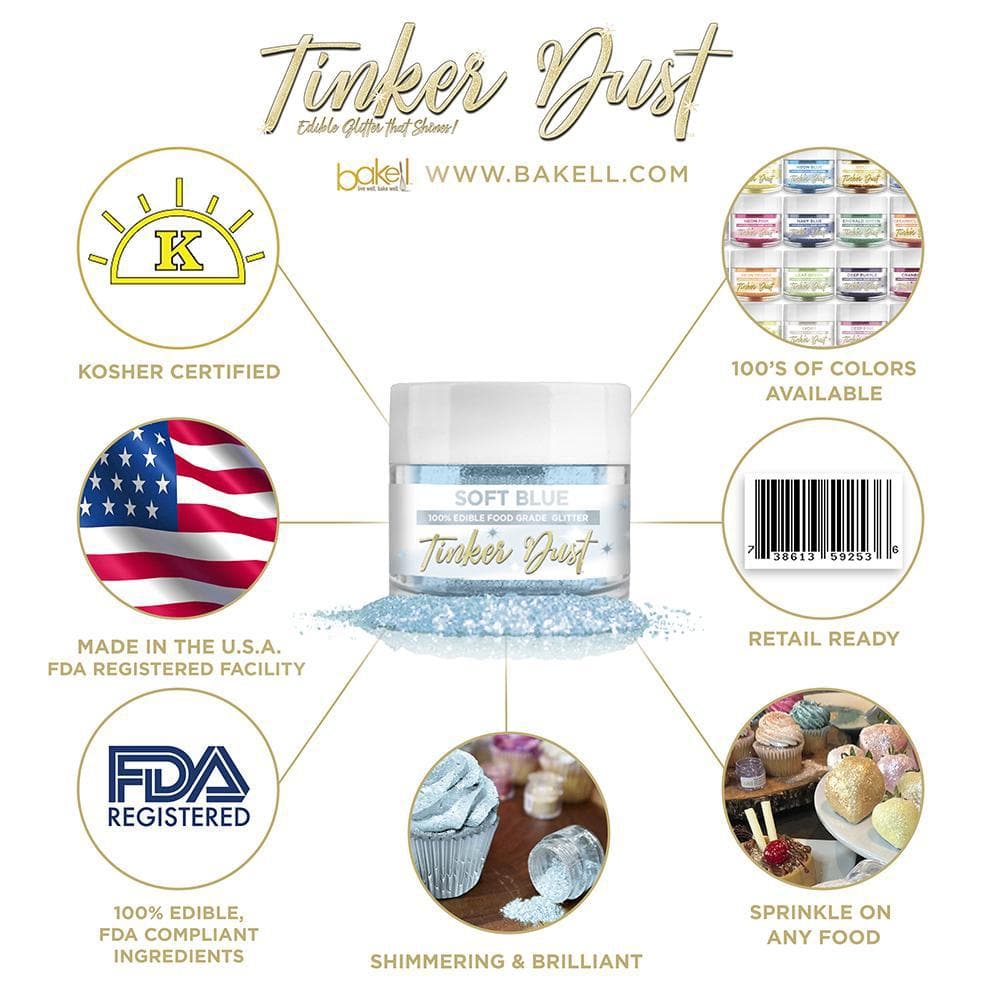 Soft Blue Tinker Dust edible glitter jar with product features like Kosher, FDA, and Made in USA.