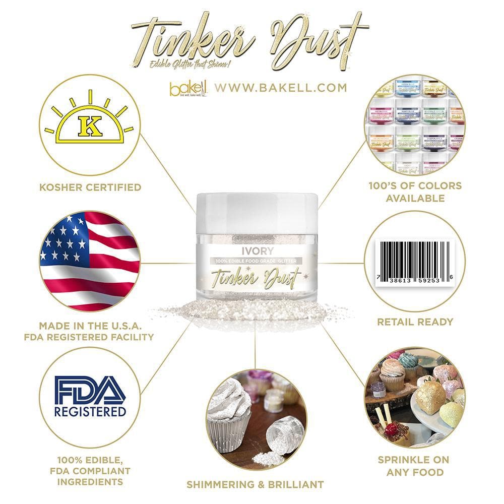 White jar of Ivory Tinker Dust edible glitter, surrounded by icons highlighting its Kosher, FDA, USA-made, and versatile features.