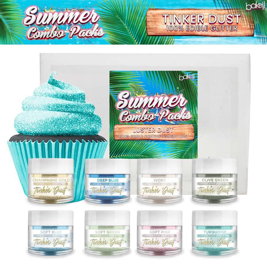 Eight jars of Summer Tinker Dust edible glitter in various colors, with a turquoise cupcake.