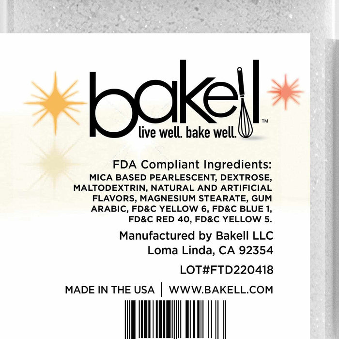 Bakell logo and product label with FDA compliant ingredients for Sweet Birthday Cake Tinker Dust.