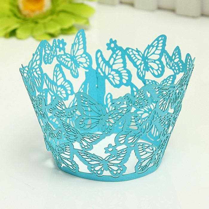 Turquoise Blue Butterfly Lace Cupcake Wrappers & Liners  | Bakell® Baking Products
