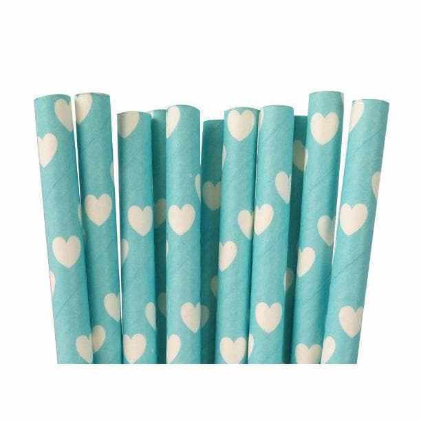 Turquoise & White Hearts Cake Pop Sticks or Party Straws | Bakell