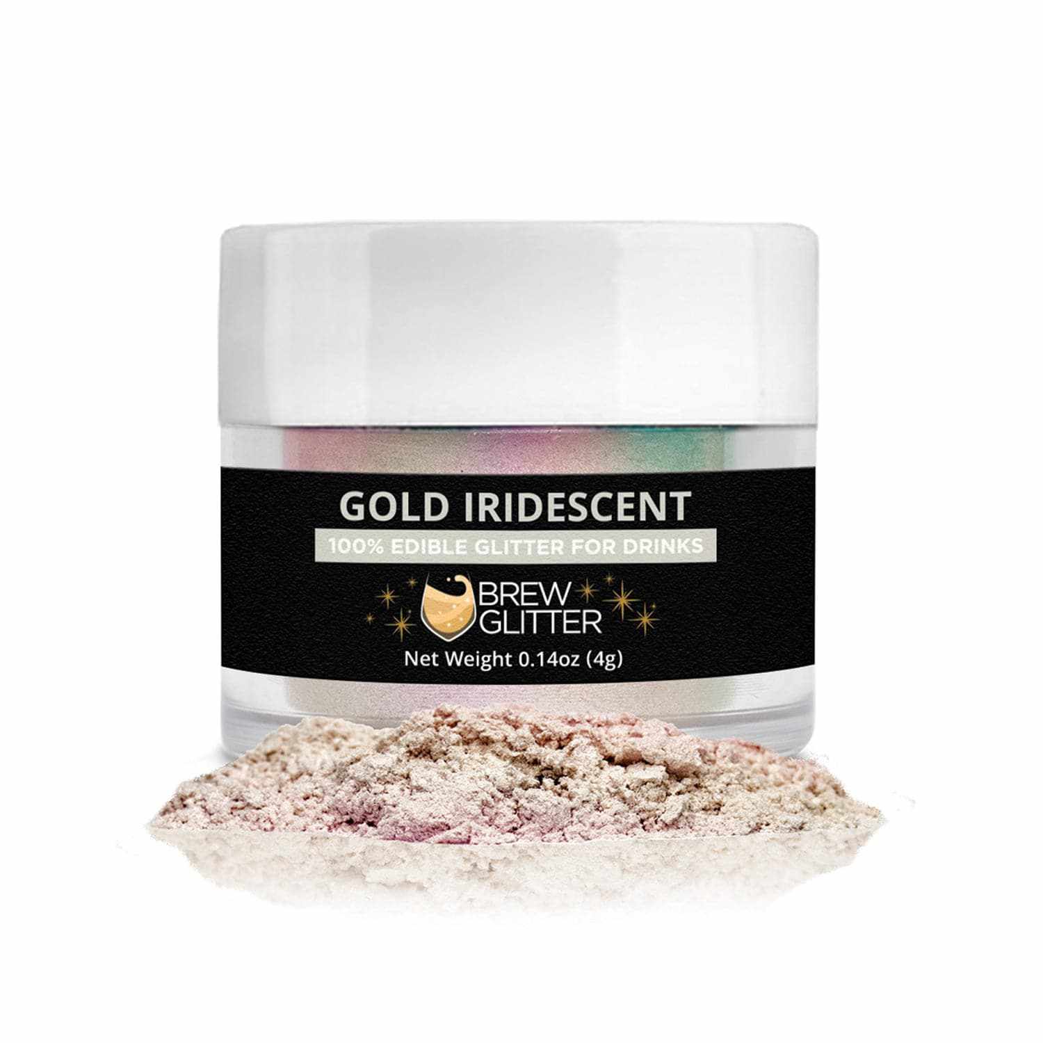 Gold Iridescent Brew Glitter in a clear jar with a white lid, next to a pile of shimmering edible glitter.