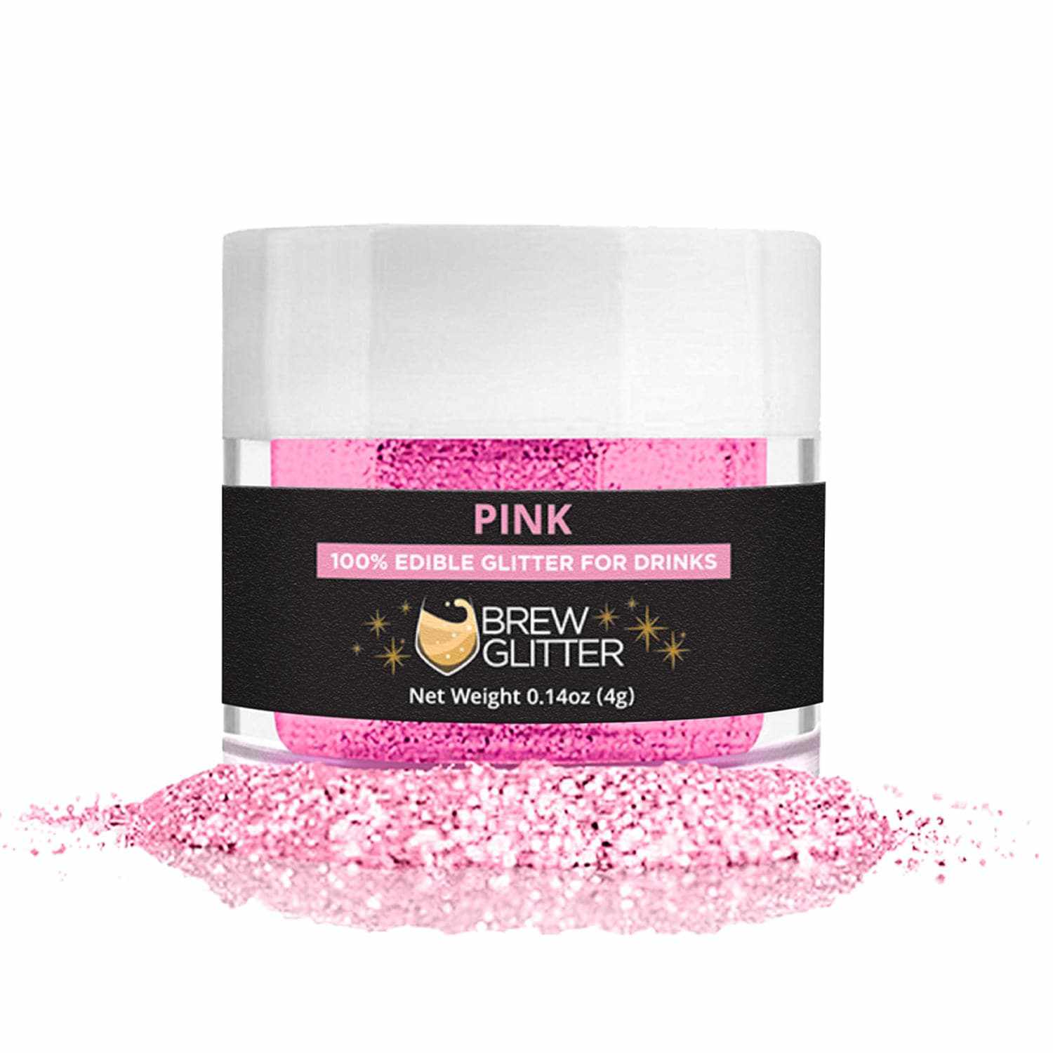 Pink edible Brew Glitter for drinks in a clear jar with a white lid, surrounded by loose glitter.