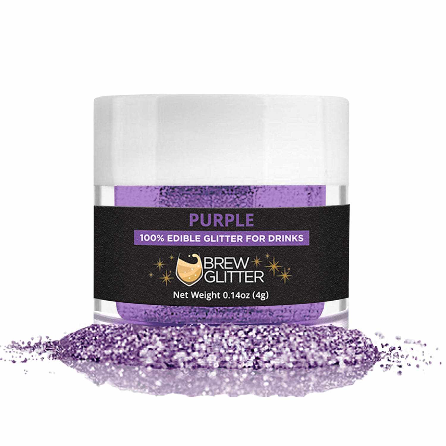 Purple Brew Glitter, 4g jar of edible drink glitter, with a pile of glitter in front.