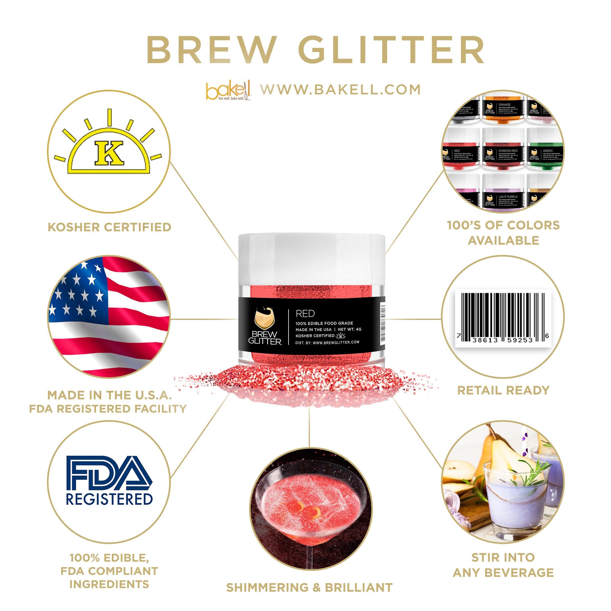 Red Brew Glitter jar surrounded by icons for Kosher, Made in USA, FDA Registered, shimmering drinks, and more.