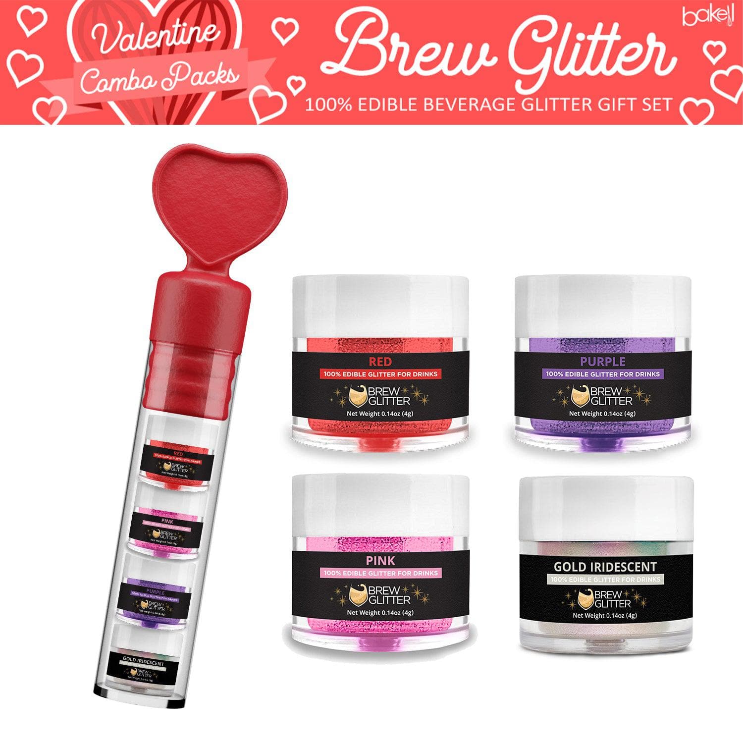 Valentine's Day edible glitter gift set with red heart stirrer, featuring red, pink, purple, and gold iridescent glitter jars.