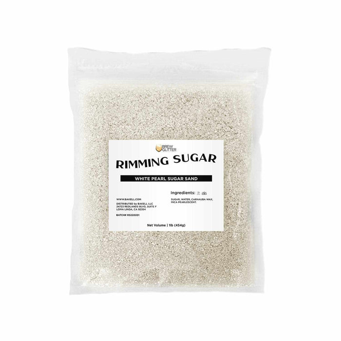 1lb bag of white pearl cocktail rimming sugar with a clear label and sparkling pearlescent texture.