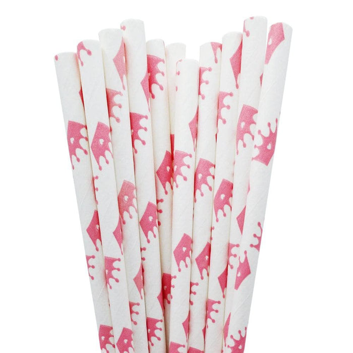 Bulk Size White with Pink Crown Cake Pop Party Straws | Bakell